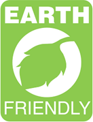 A green earth friendly logo with an image of a leaf.